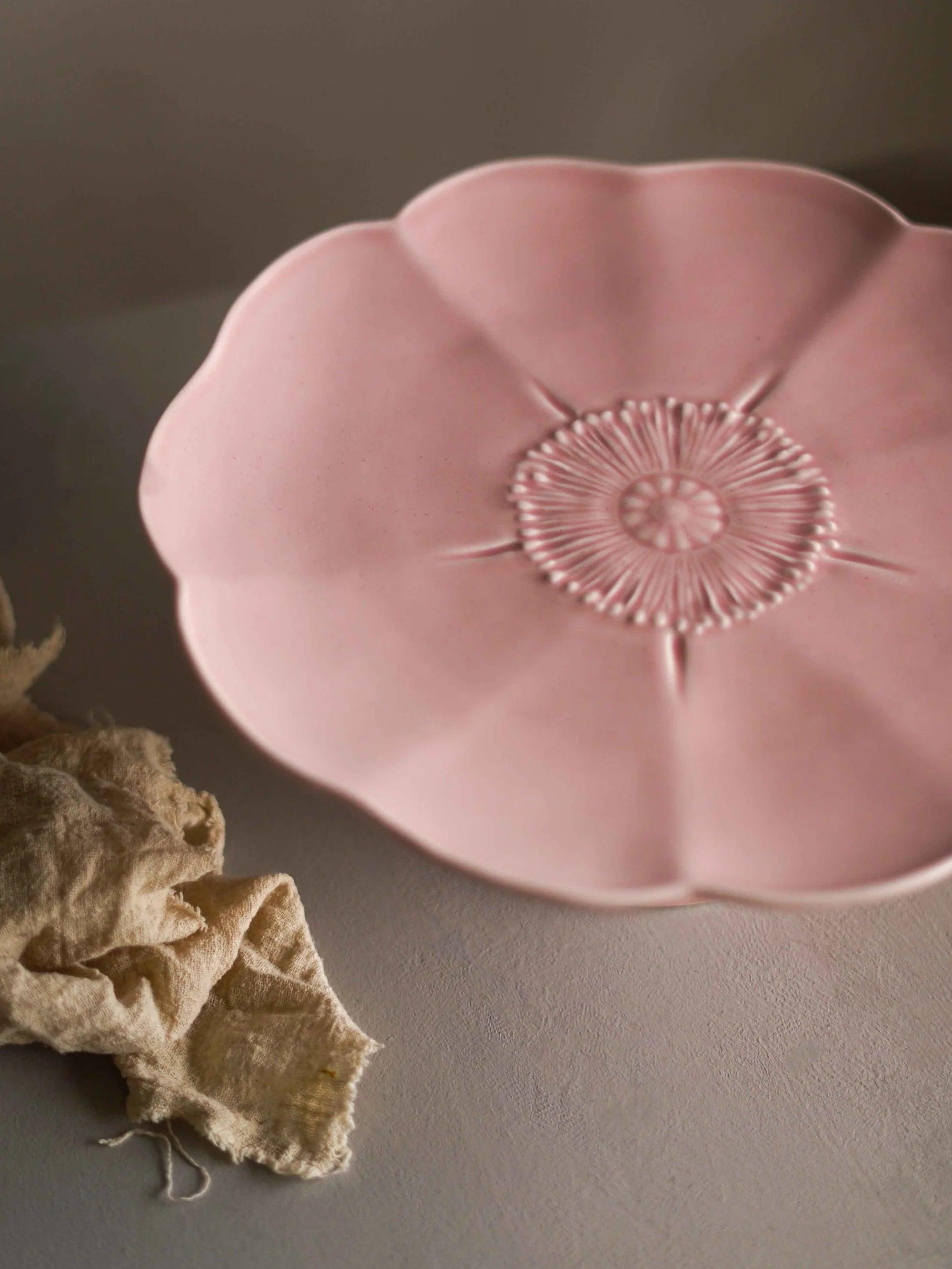 CerAmor Pratos Ceramica - Prato para bolo com pé em cerâmica cor de rosa com motivo flor