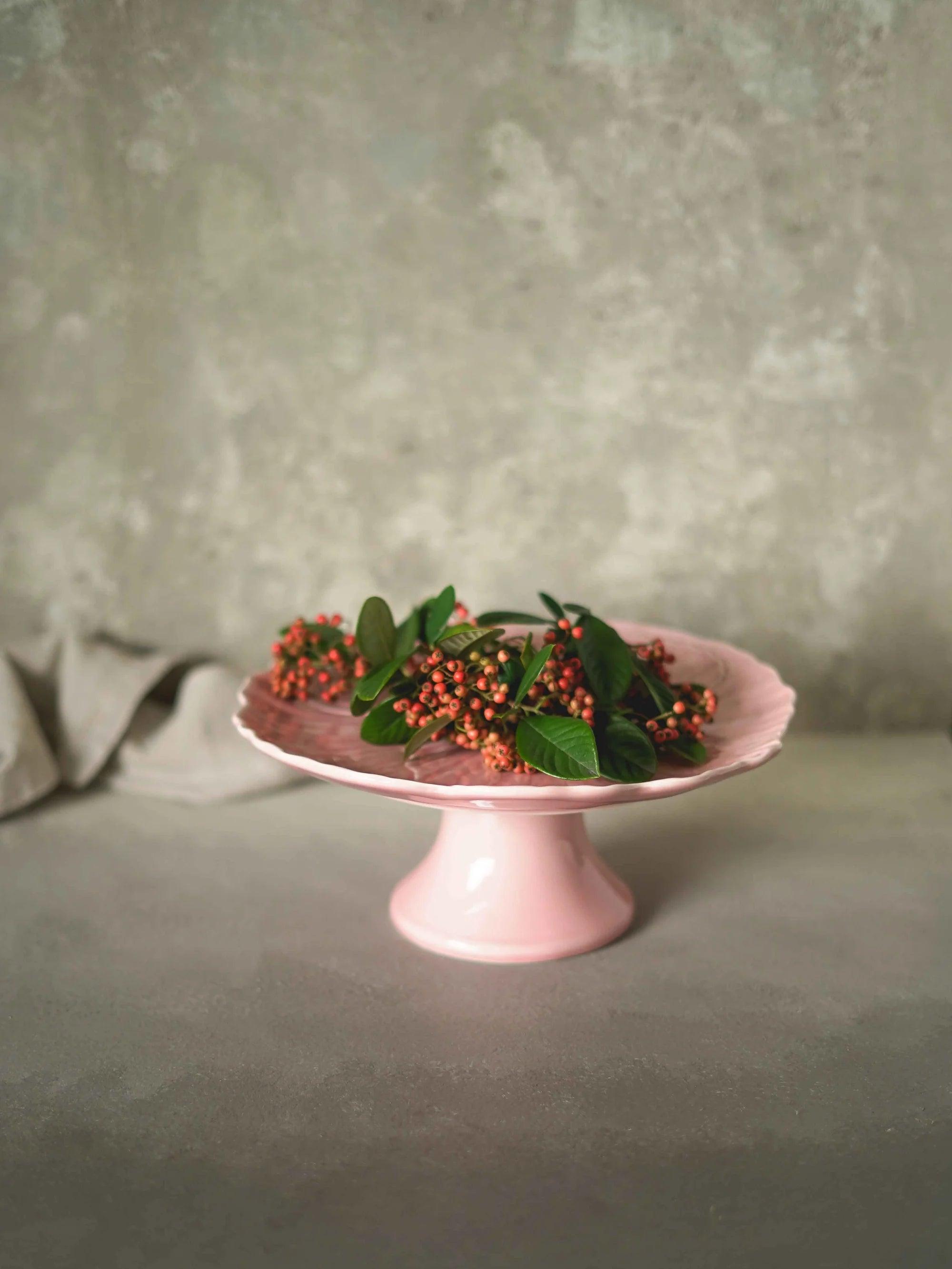 CerAmor Pratos Ceramica - Prato para bolo com pé em cerâmica cor de rosa com motivo papoila