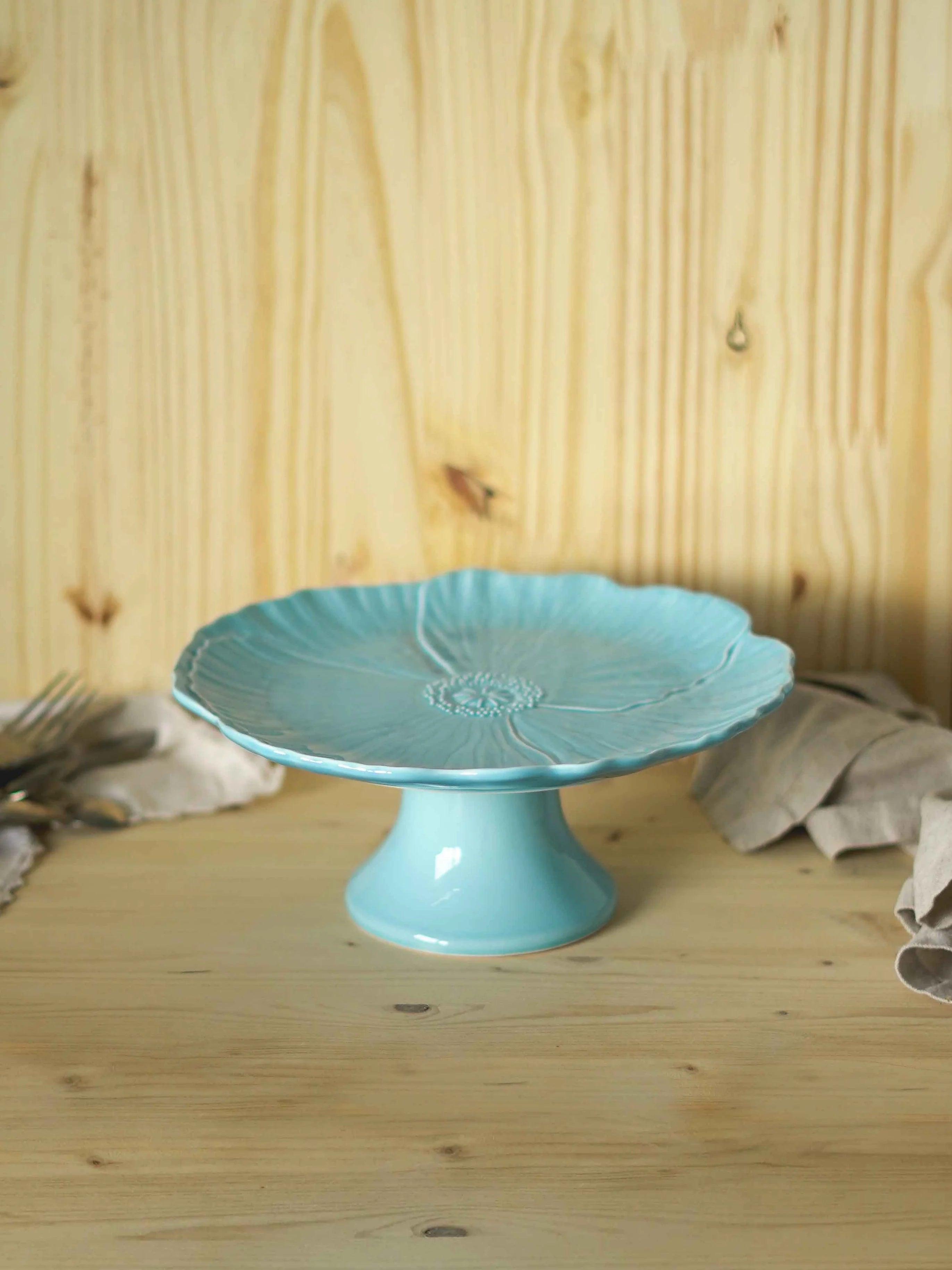 CerAmor Pratos Ceramica - Prato para bolo com pé em cerâmica na cor azul com motivo papoila