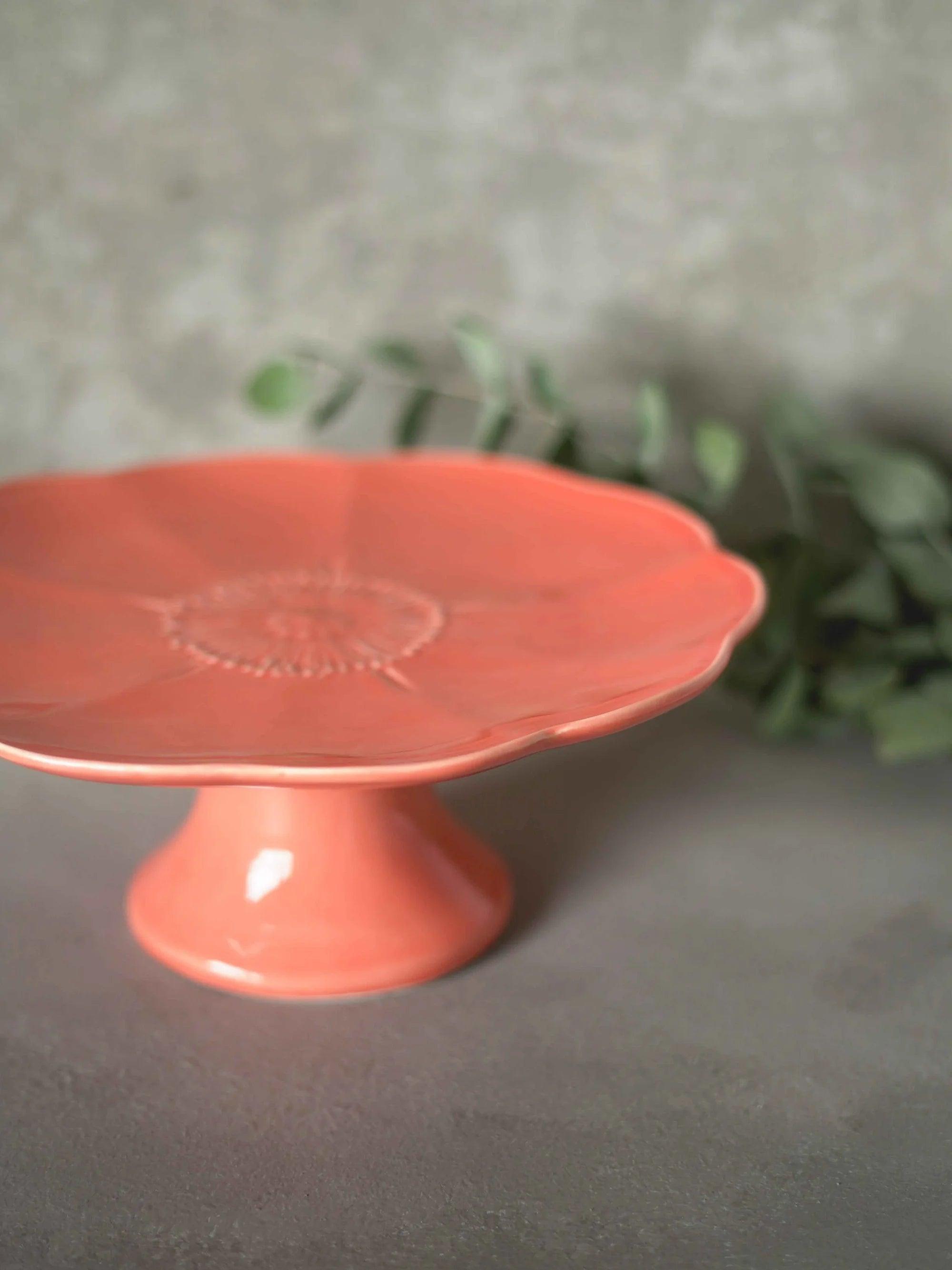 CerAmor Pratos Ceramica - Prato para bolo com pé em cerâmica cor de rosa com motivo flor