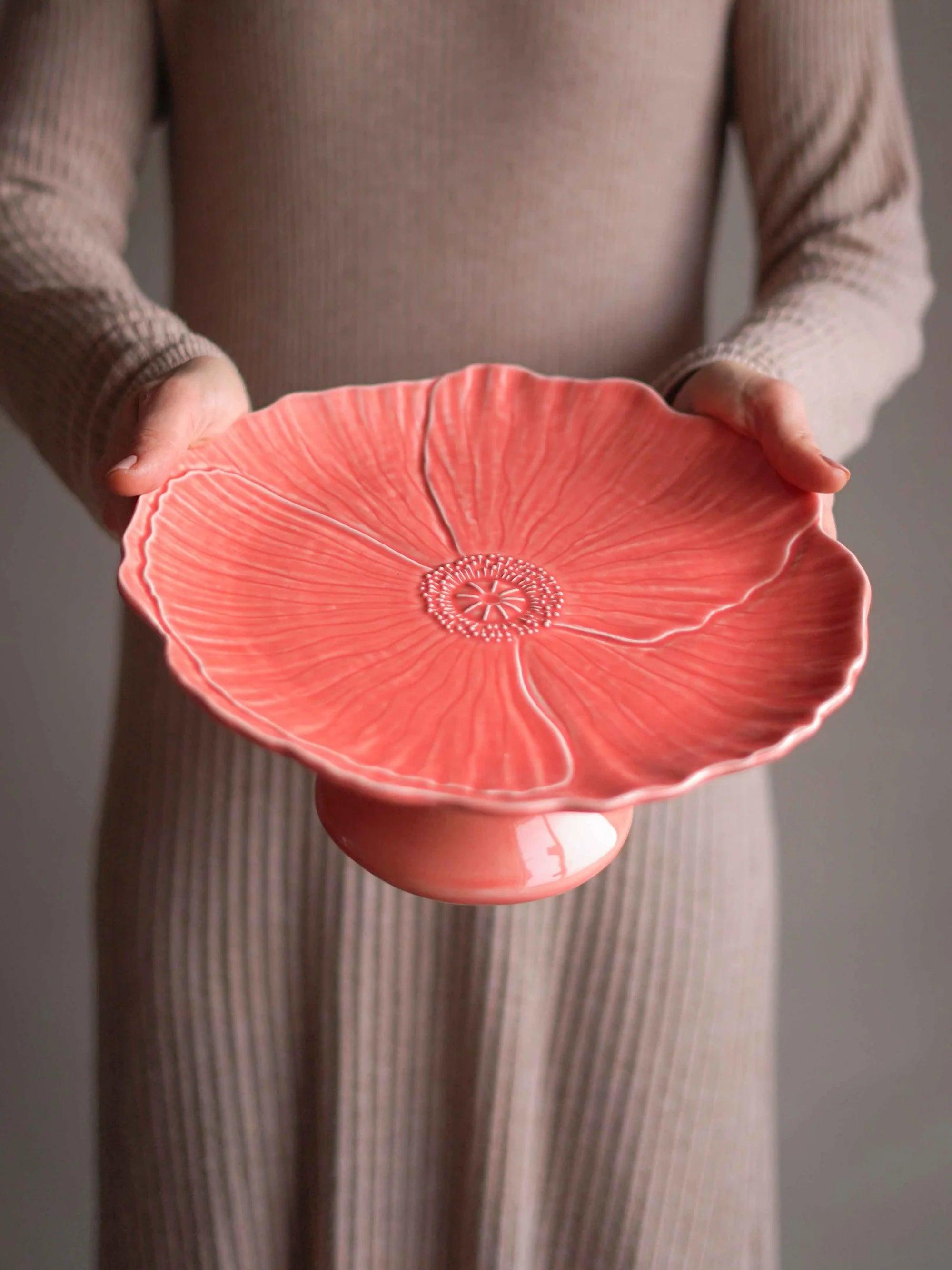 CerAmor Pratos Ceramica - Prato para bolo com pé em cerâmica cor de rosa com motivo papoila