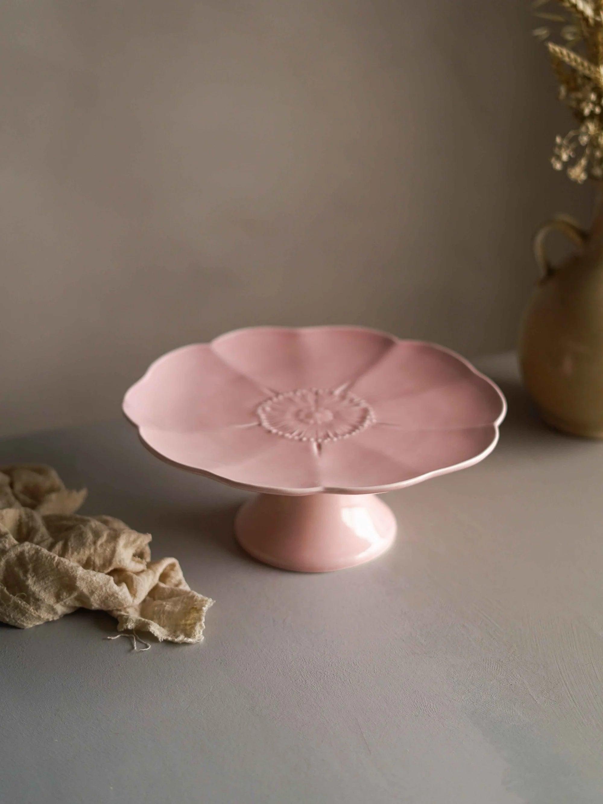 CerAmor Pratos Ceramica - Prato para bolo com pé em cerâmica cor de rosa com motivo flor