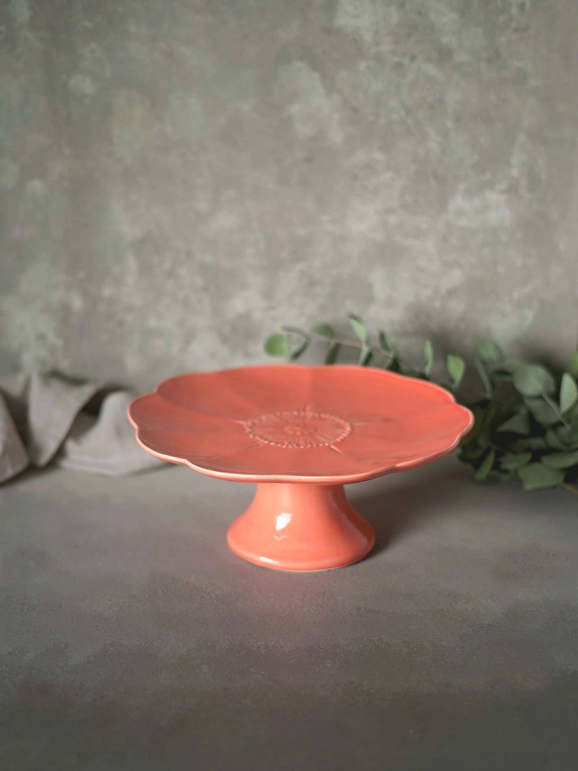 CerAmor Pratos Ceramica - Prato para bolo com pé em cerâmica cor de rosa com motivo flor