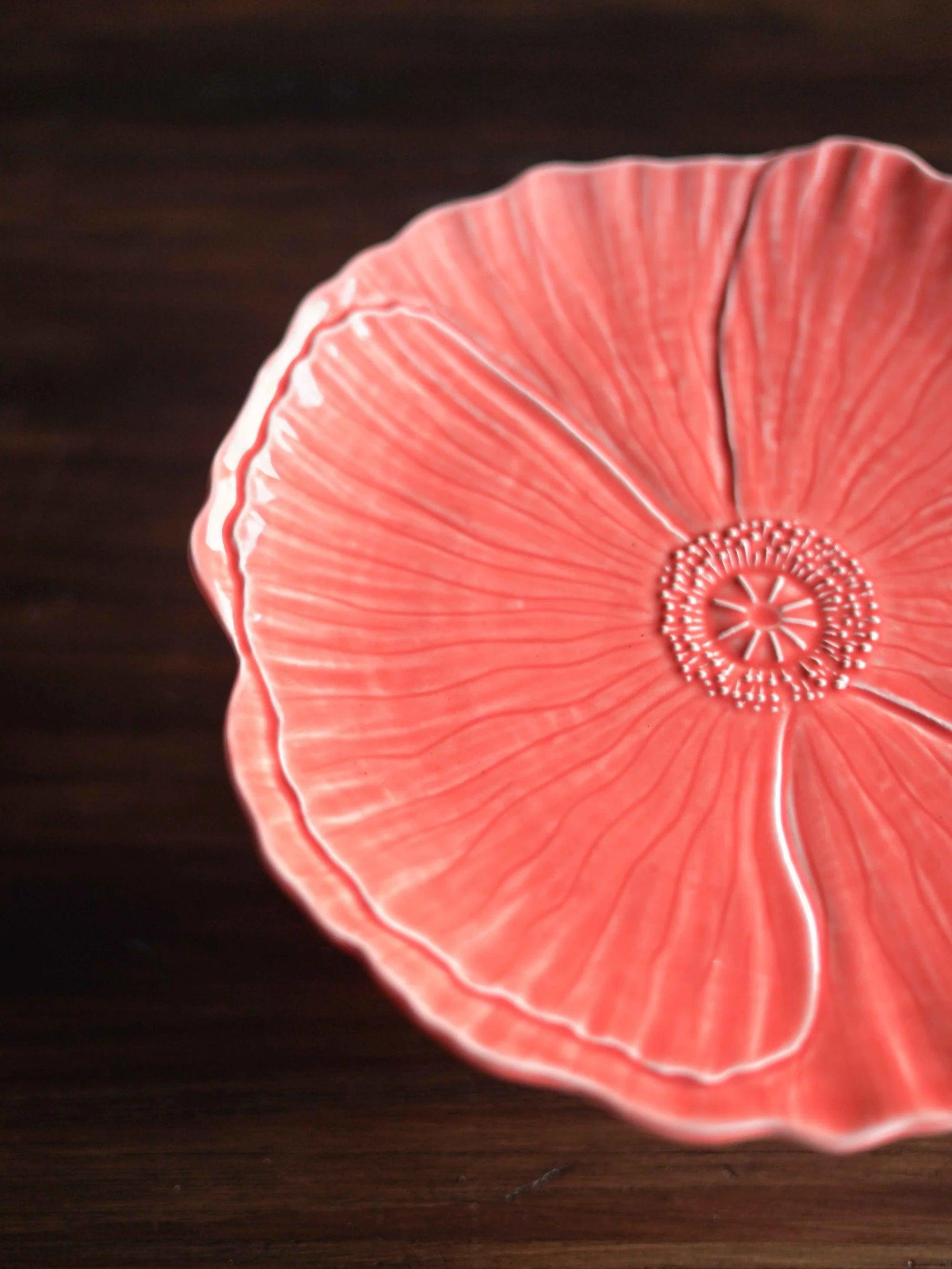 CerAmor Pratos Ceramica - Prato para bolo com pé em cerâmica cor de rosa com motivo papoila