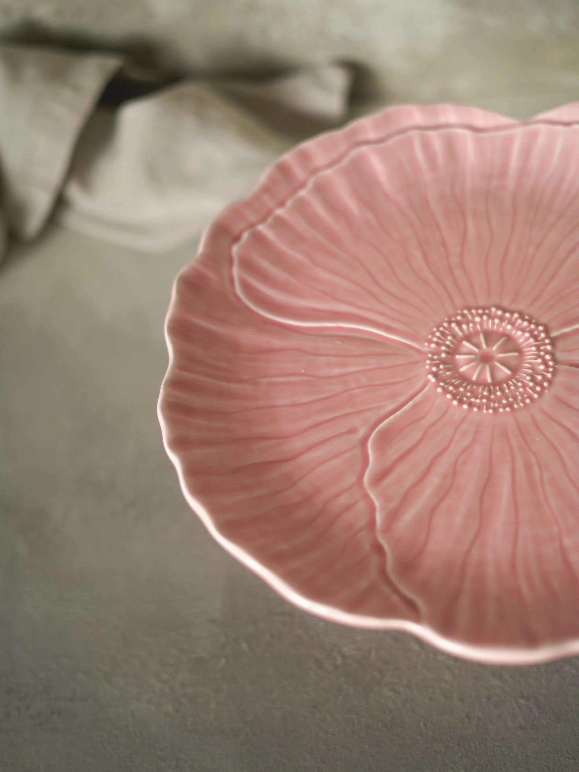 CerAmor Pratos Ceramica - Prato para bolo com pé em cerâmica cor de rosa com motivo papoila