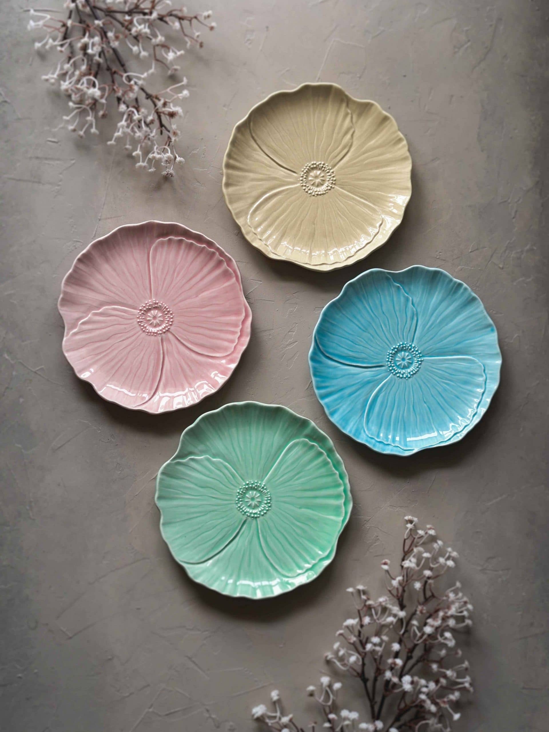 CerAmor Pratos Ceramica - Pratos em cerâmica rosa, amarelo, azul e verde com formato flor